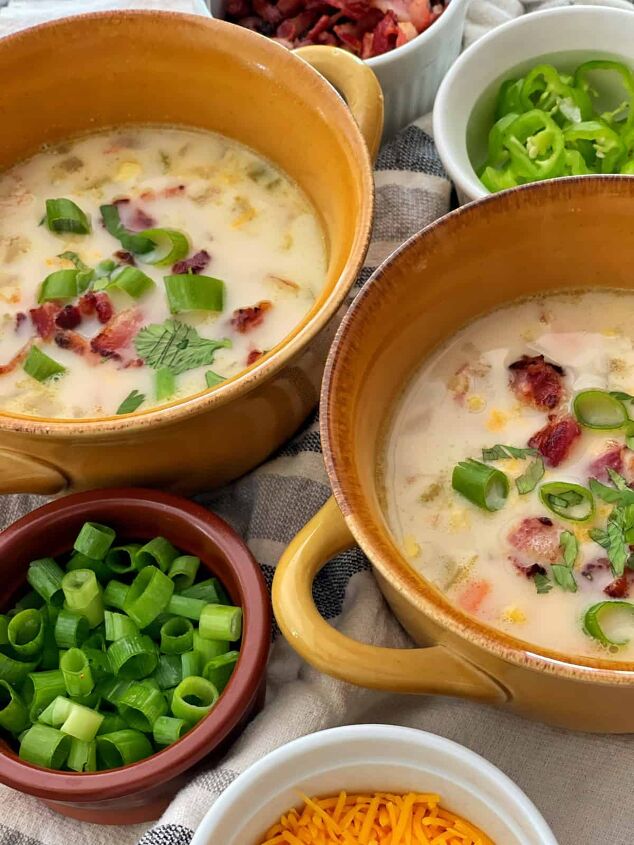 corn chowder recipe easy, corn chowder recipe easy with sides of cheese scallions and bacon