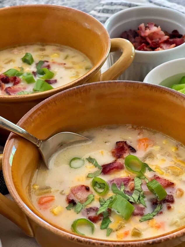 corn chowder recipe easy, close up of corn chowder recipe easy in a yellow bowl ready to eat