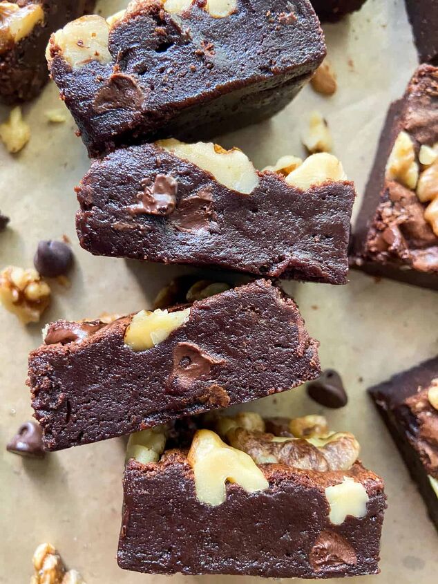 fudgy double chocolate brownies with walnuts, A close up of fudgy double chocolate brownies with walnuts and chocolate chips