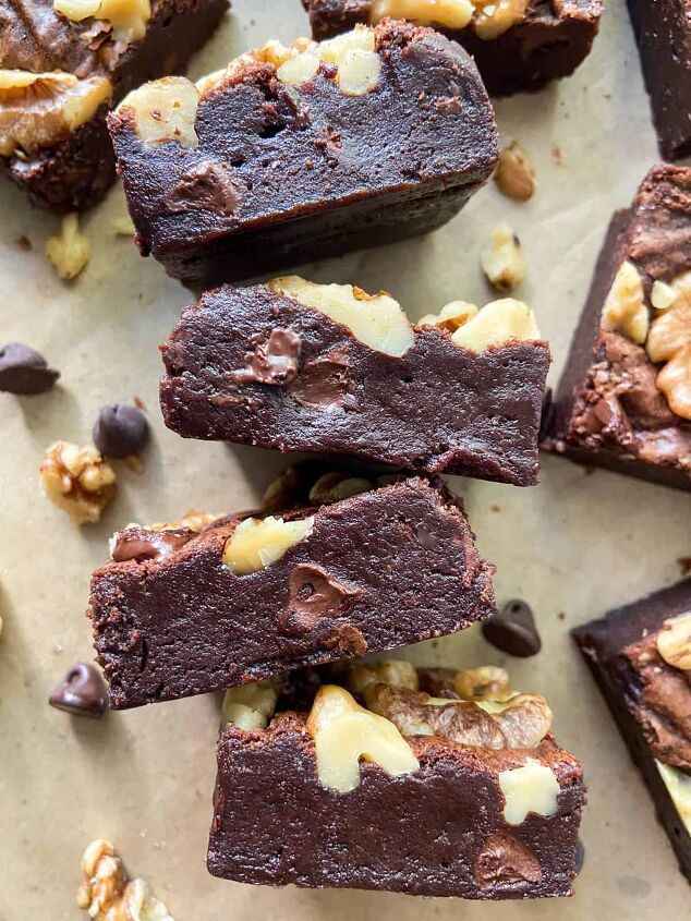 fudgy double chocolate brownies with walnuts, A close up of double chocolate brownies with walnuts and chocolate chips
