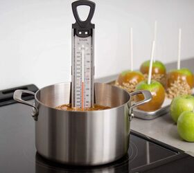 dutch caramel apple pie with crumb topping, Image of candy thermometer