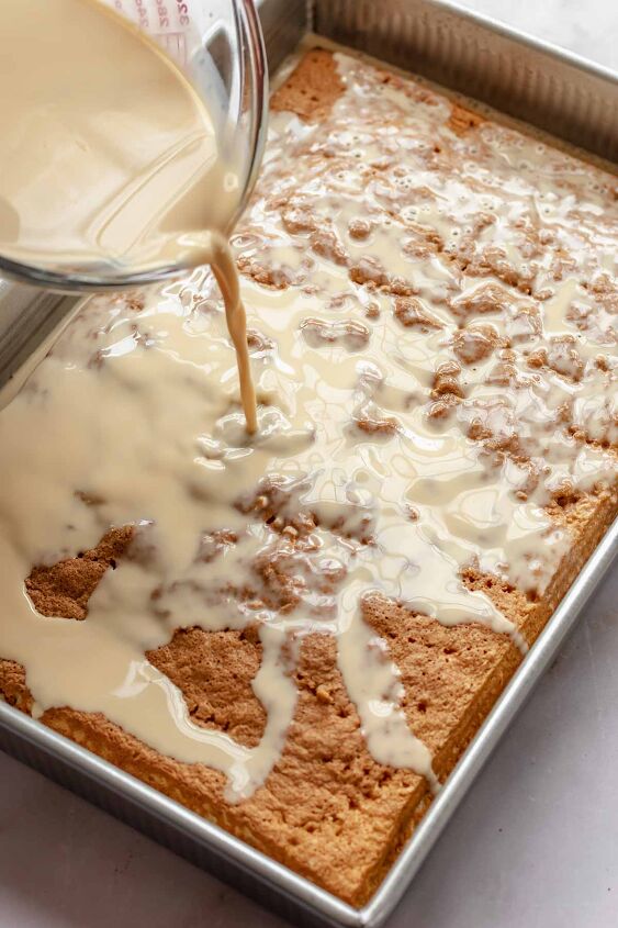 caramel tres leches cake, Caramel milk mixture pours on to the baked cake