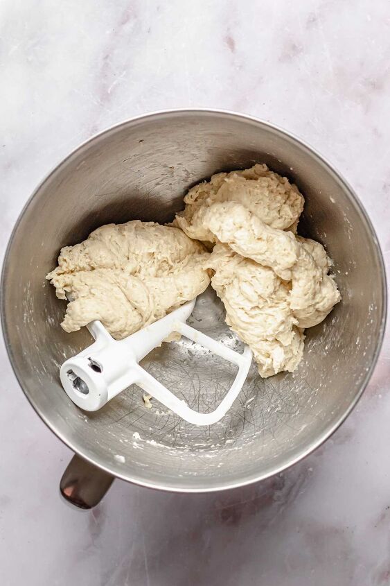 pennsylvania dutch chicken pot pie, Chunky noodle dough in a stand mixer bowl with the paddle sitting next to it