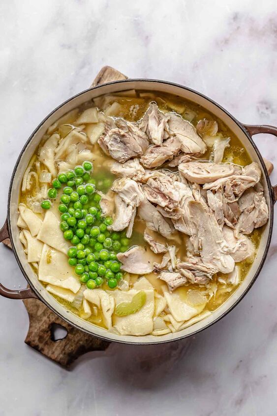 pennsylvania dutch chicken pot pie, Peas and chicken on top of chicken soup and noodles