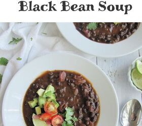 easy slow cooker black bean soup, easy black bean soup 2 white bowls wood bowl of scoops chips and limes 3