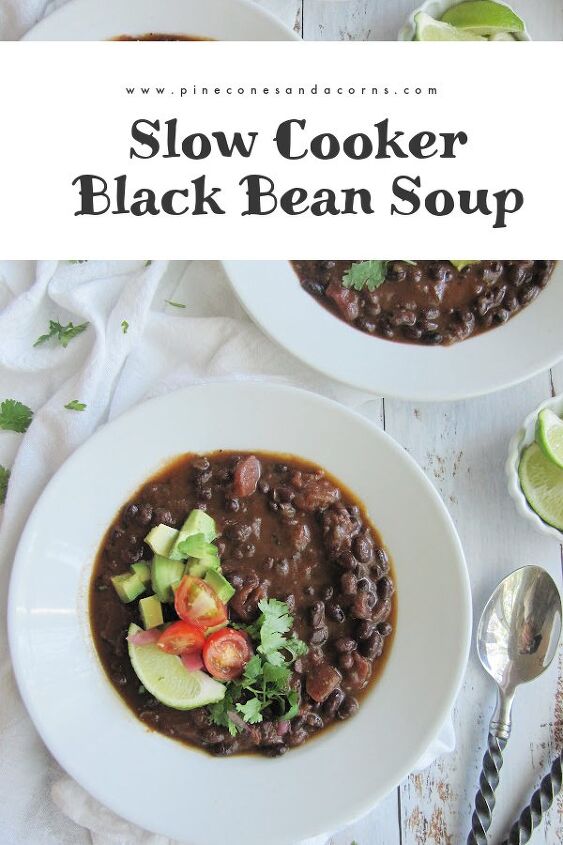 easy slow cooker black bean soup, easy black bean soup 2 white bowls wood bowl of scoops chips and limes 3