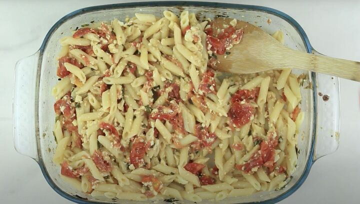 healthy baked feta pasta tiktok pasta, pasta mixed together