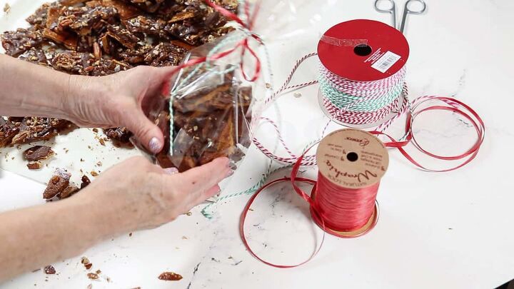 chocolate bark recipe, Christmas bark being wrapped in a gift bag