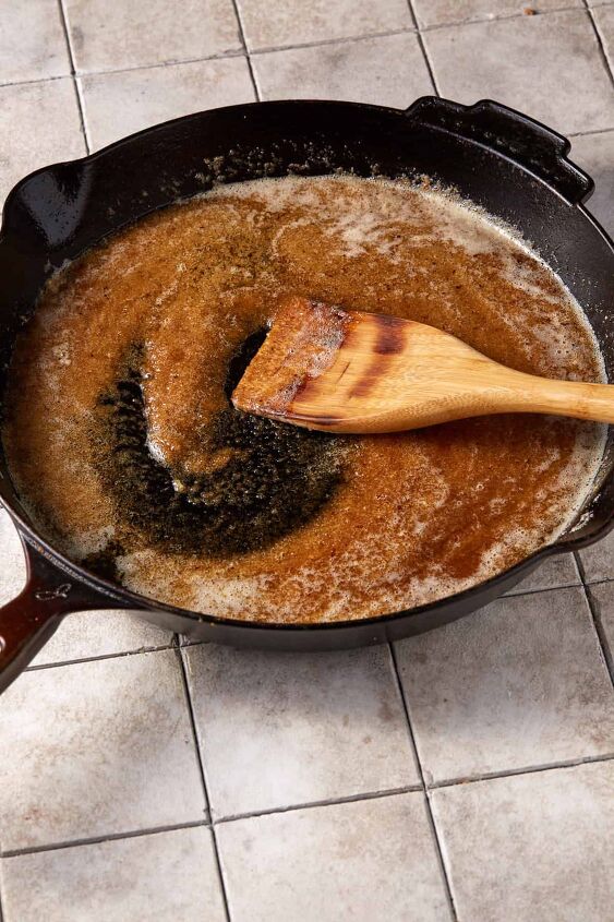 Brown sugar and butter in an iron skillet