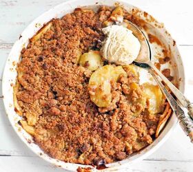 Casserole dish with apple crumble and ice cream