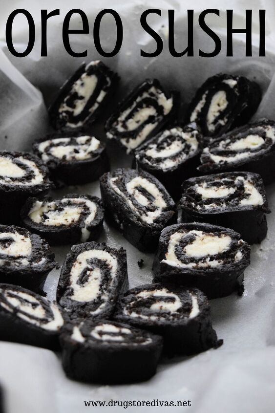 Pieces of Oreo sushi in a bowl with the words Oreo Sushi digitally written on top