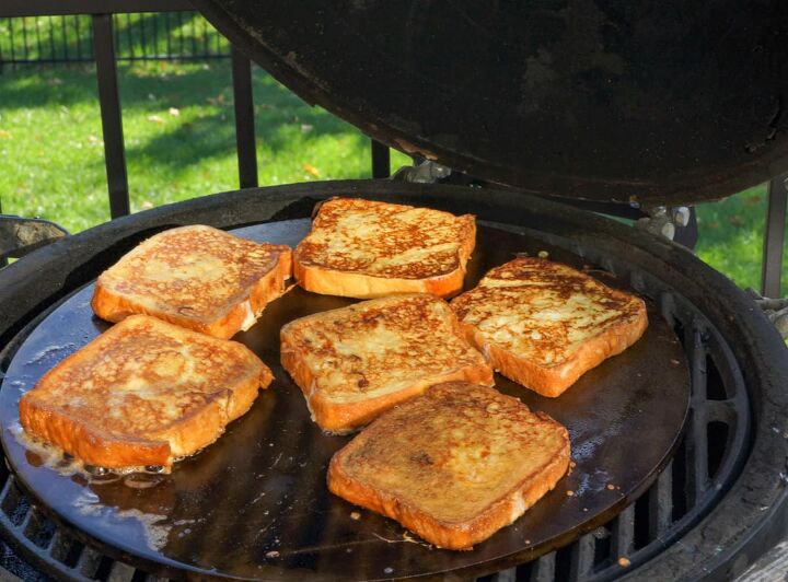 rumchata french toast, French toast cooking on an outdoor griddle