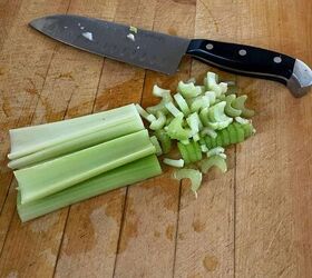 best recipe for pasta fagioli soup, chopping celery to make recipe for pasta fagioli on butcher block
