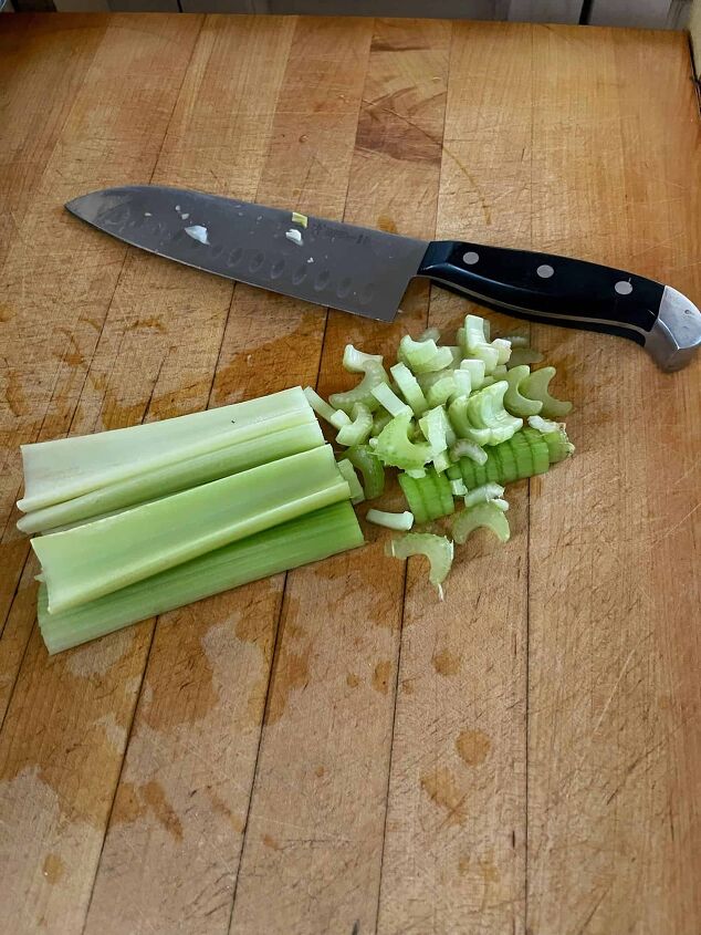 best recipe for pasta fagioli soup, chopping celery to make recipe for pasta fagioli on butcher block