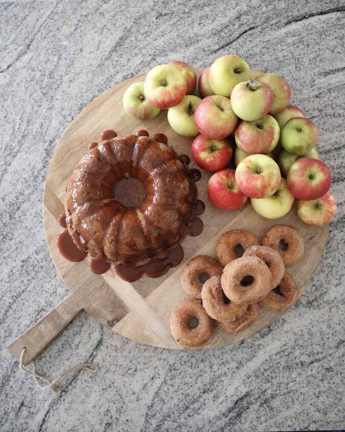 fresh apple walnut cake with caramel glaze, Flatlay of Apple Cake and Donuts