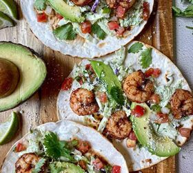 air fryer shrimp tacos with slaw happy honey kitchen, Three shrimp tacos with slaw avocado cilantro and creamy jalapeno salsa are open face on a cutting board Lime wedges and an avocado are on the side