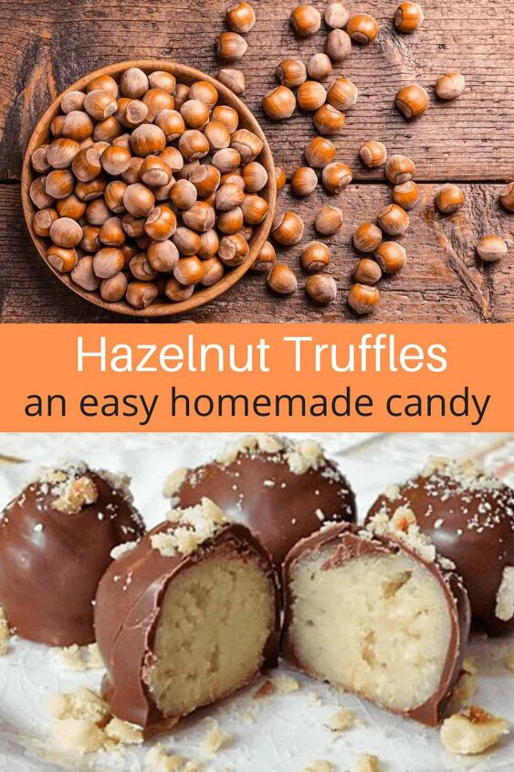 a collage of hazelnuts and hazelnut truffles