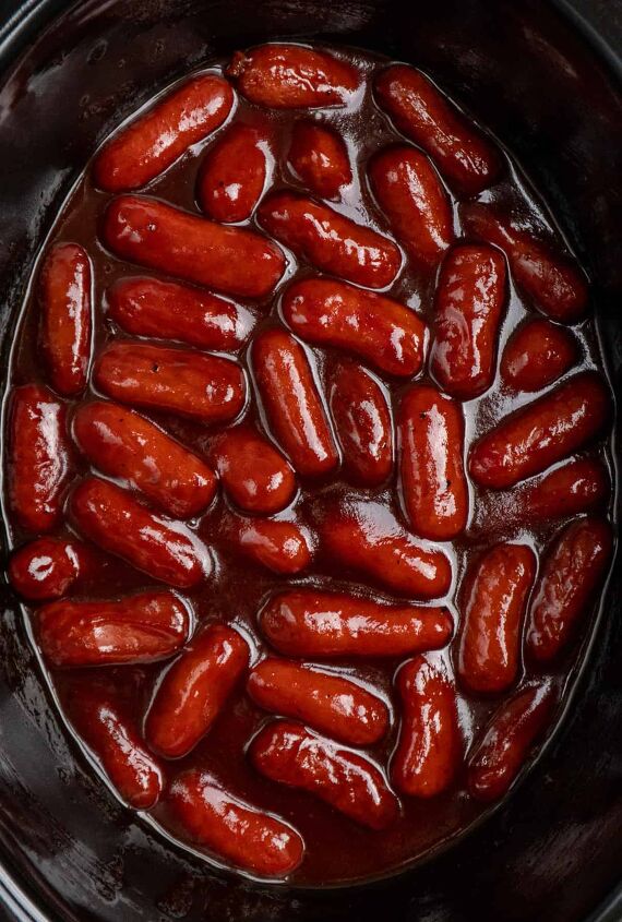 crock pot little smokies, Overhead look at little smokies in a black crock pot