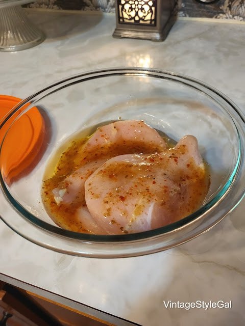 chicken casserole and rice, Marinating chicken in mixing bowl