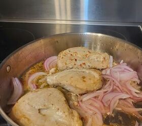 chicken casserole and rice, Chicken and red onion cooking together in skillet