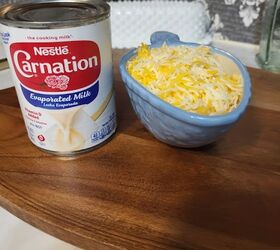 chicken casserole and rice, evaporated milk and cup of shredded cheese