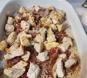 chicken casserole and rice, cooked chicken added to baking dish