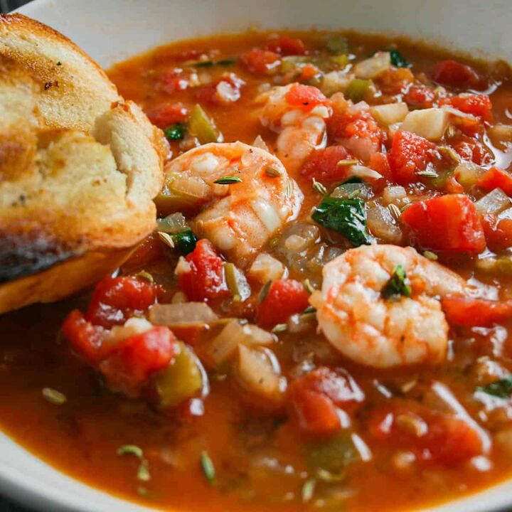 30 minute fennel and tomato seafood cioppino stew, Seafood cioppino with toasted French bread Photographed in a white bowl