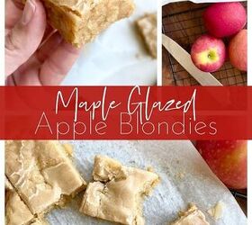 maple glazed apple blondies, Collage of hand holding apple bar and cut maple glazed apple blondies on parchment paper