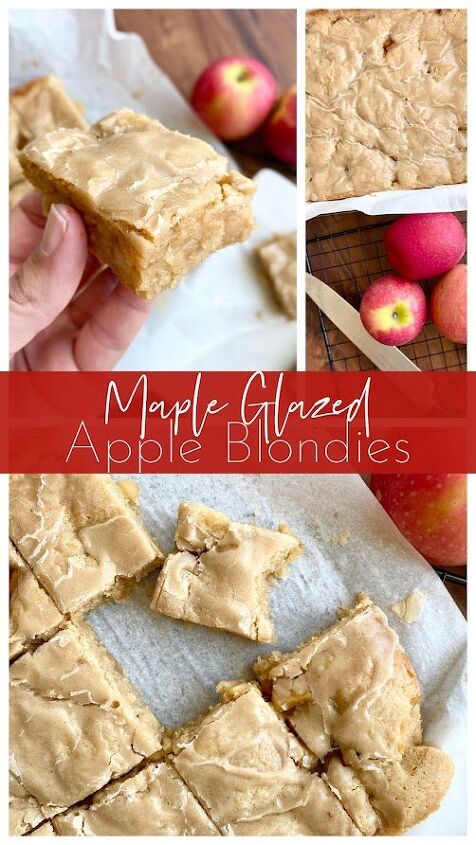 maple glazed apple blondies, Collage of hand holding apple bar and cut maple glazed apple blondies on parchment paper