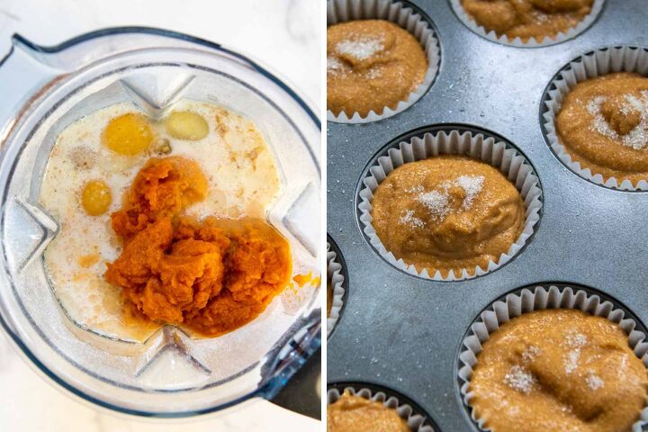 pumpkin oat flour muffins, a blender with pumpkin plus oat flour muffins portioned out in muffin tins