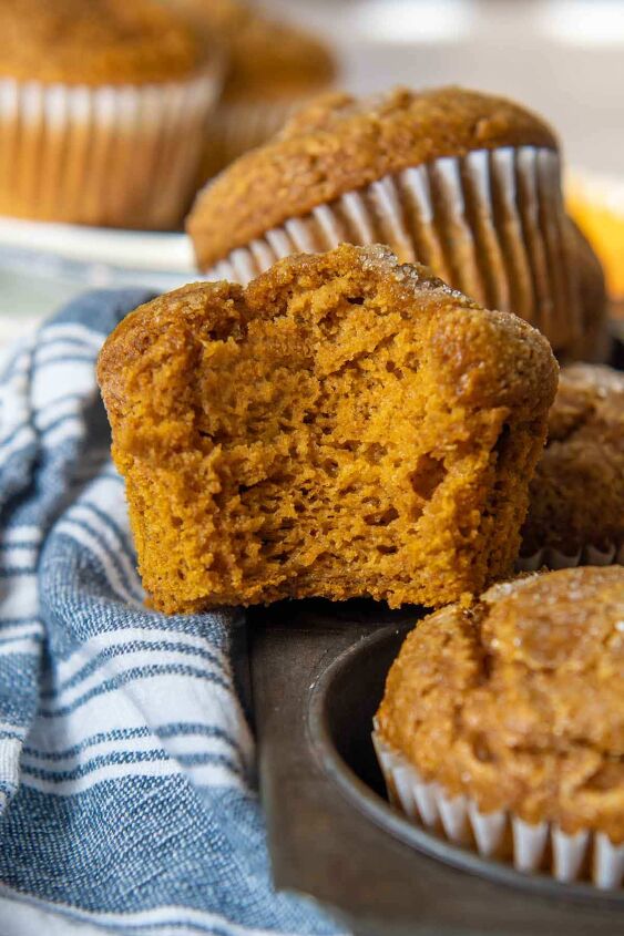pumpkin oat flour muffins, a muffin with a bite taken out positioned straight on