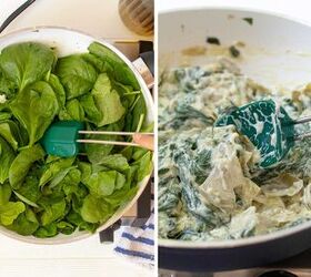 spinach artichoke stuffed chicken, images showing how to make filling for inside chicken