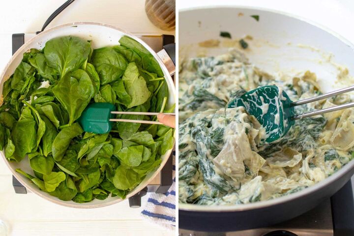 spinach artichoke stuffed chicken, images showing how to make filling for inside chicken
