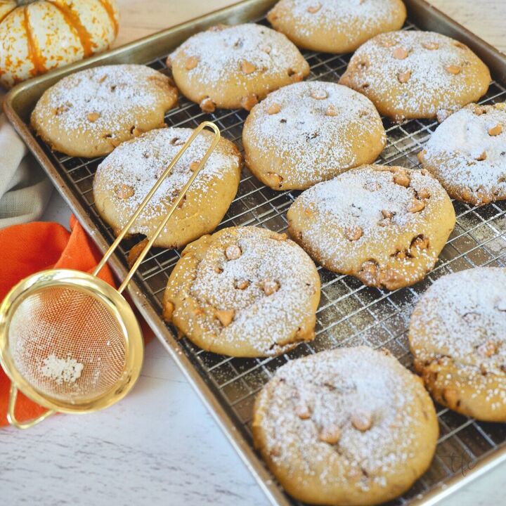 Soft pumpkin cookies with butterscotch chips on cooling rack sprinkled with powdered sugar