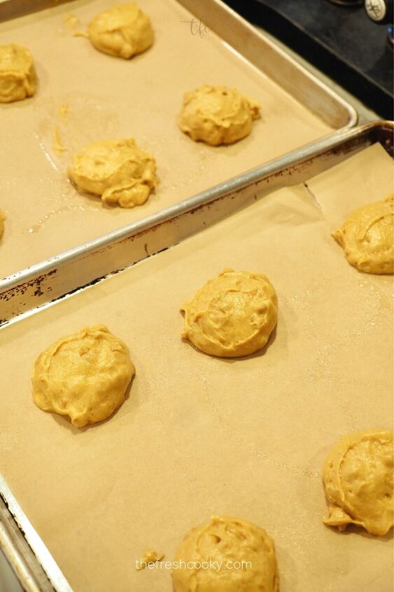 cookie batter scooped on to baking sheets
