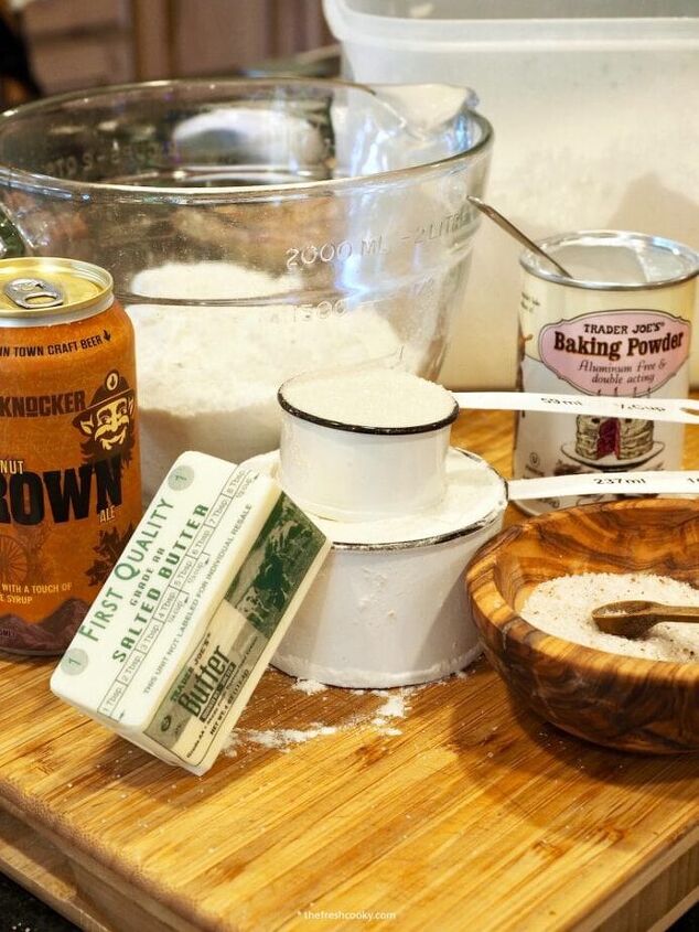 easy 4 ingredient beer bread, Ingredients for Beer Bread Left to right Beer Flour baking powder salt sugar and butter