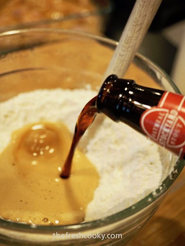 easy 4 ingredient beer bread, Pouring beer into beer bread ingredients in glass mixing bowl