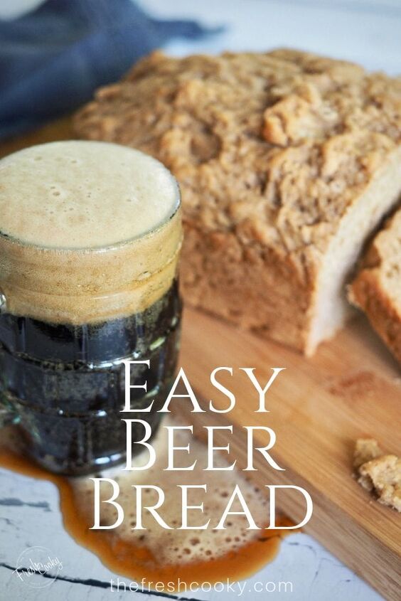 easy 4 ingredient beer bread, A mug of dark beer with beer bread sliced behind thefreshcooky com