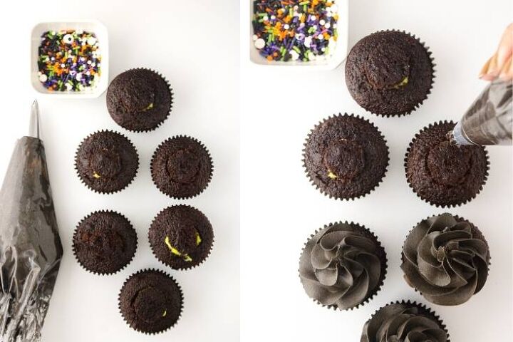 how to make slime cupcakes for halloween party treats, frost chocolate cupcakes with black icing for halloween desserts