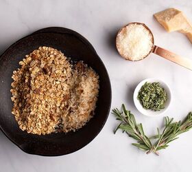 oatmeal crusted chicken, Toasted oats and breadcrumbs in a skillet parmesan cheese and rosemary