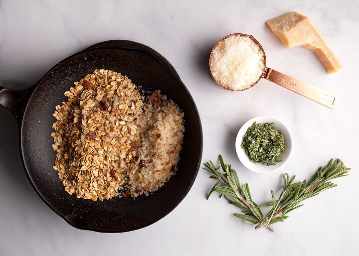 oatmeal crusted chicken, Toasted oats and breadcrumbs in a skillet parmesan cheese and rosemary