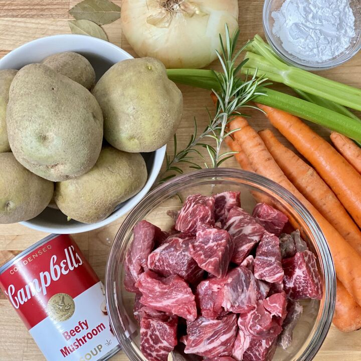 no peek oven beef stew, The ingredients in Oven Beef Stew including beef carrots celery onion Beefy Mushroom soup Rosemary and more