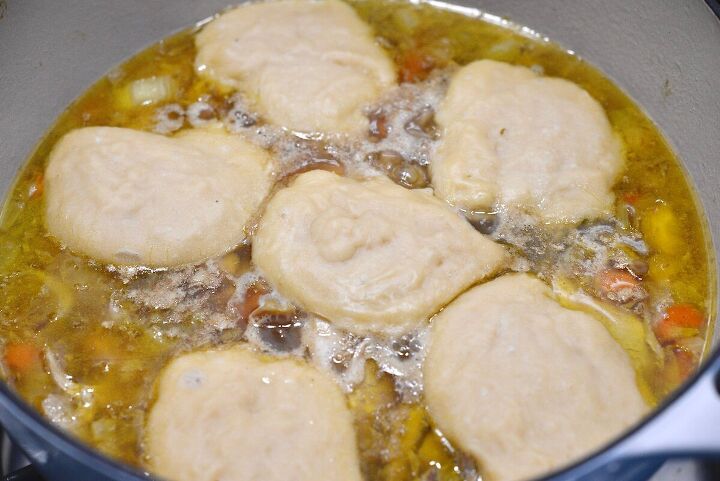 chicken and sourdough dumplings easy recipe , chicken and sourdough dumplings in large pot