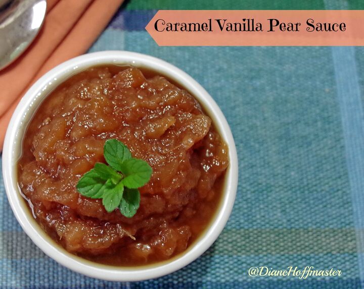caramel vanilla pear sauce recipe, a white bowl full of Caramel Vanilla Pear Sauce