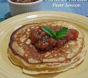 caramel vanilla pear sauce recipe, homemade pancakes topped with Pear Sauce