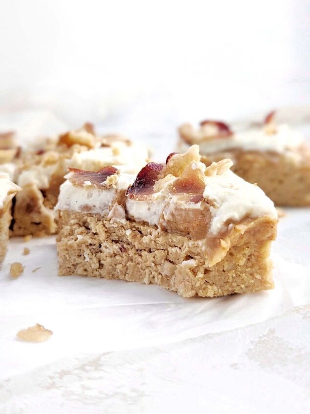 healthy peanut butter bacon bars high protein sugar free, Healthy Peanut Butter Bacon Bars made with protein powder and peanut butter powder for a sugar free low fat dessert With an oatmeal base high protein peanut butter frosting and crunchy bacon PB bacon dessert bars are gluten free too