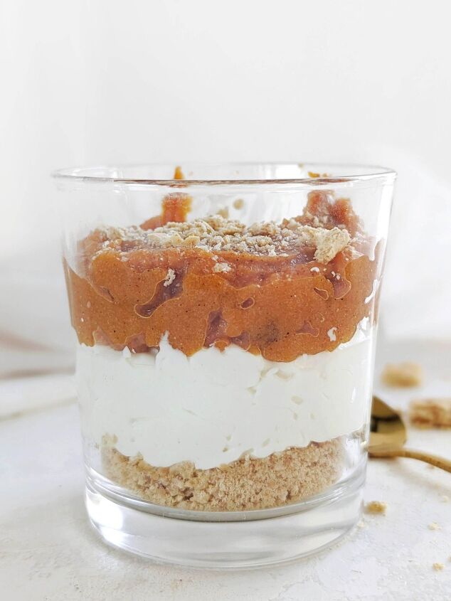 pumpkin protein cheesecake jar for one no bake, Very satisfying Pumpkin Protein Cheesecake Jar for one with layers of graham protein pumpkin mix and protein cheesecake A no bake healthy pumpkin pie cheesecake pot that s low fat and extra high protein