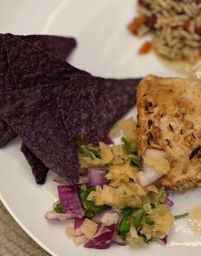 caribbean jerk sauteed chicken breasts, Pineapple Salsa with blue corn chips chicken