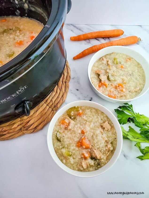 slow cooker turkey soup with rice, A top down look at the finished slow cooker turkey soup with rice ready to eat