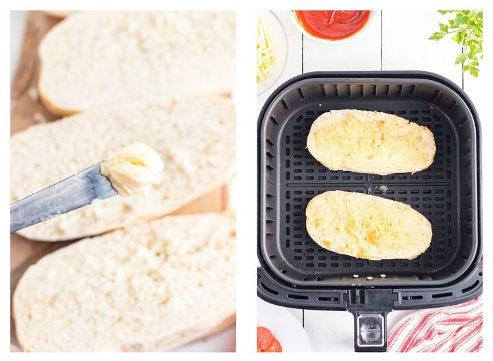 air fryer french bread pizza, French bread being buttered and placed in air fryer